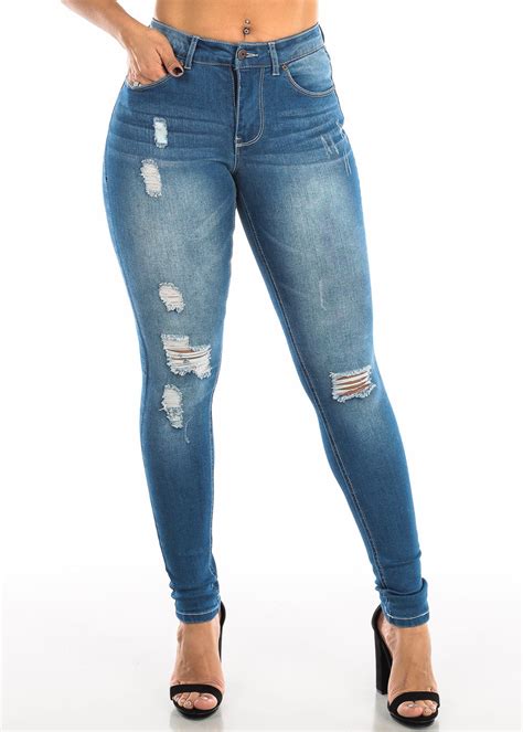 Moda Xpress Womens Skinny Jeans High Waisted Torn Distressed Ripped