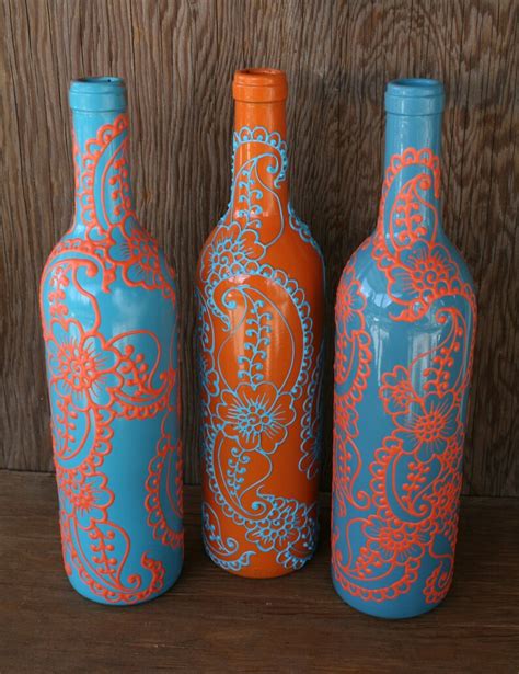 Set Of 3 Hand Painted Wine Bottle Vases Turquoise And Coral Etsy