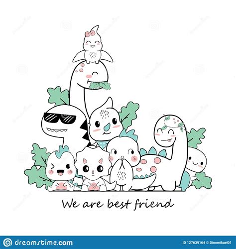 Cute Dino Cartoons That Are Be Best Friend Stock Vector - Illustration of card, fashion: 127639164