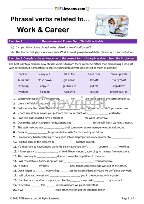 Work Phrasal Verbs Tefl Lessons Tefllessons Com Esl Worksheets