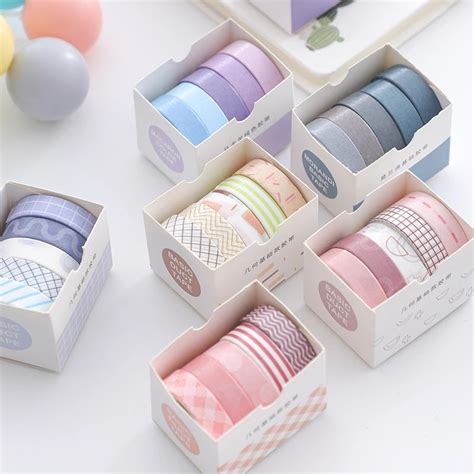 5rollsset Kawaii Geometry Solid Color Washi Tape Decorative Masking