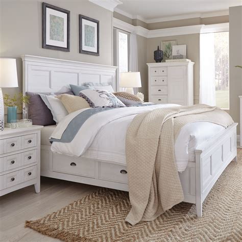 Heron Cove Relaxed Traditional Soft White Panel Bed With Storage Rails