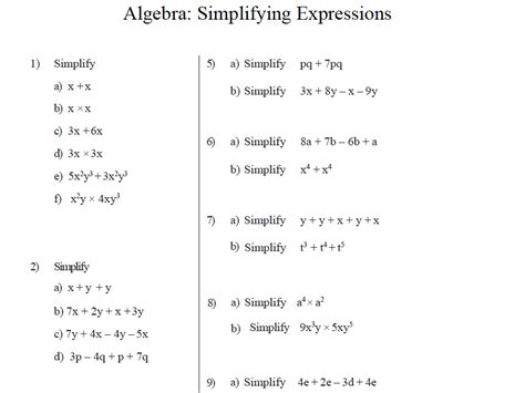 Use these simplifying algebraic expressions worksheets to introduce or recap on simplifying algebraic expressions using powers and the four operations. GCSE Maths algebra worksheets: simplifying expressions ...