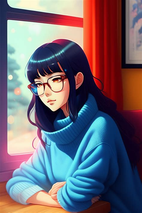 Lexica Cute Girl In Blue Sweater Black Hair Semi Rimless Red Glasses