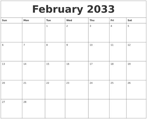 February 2033 Blank Monthly Calendar Template
