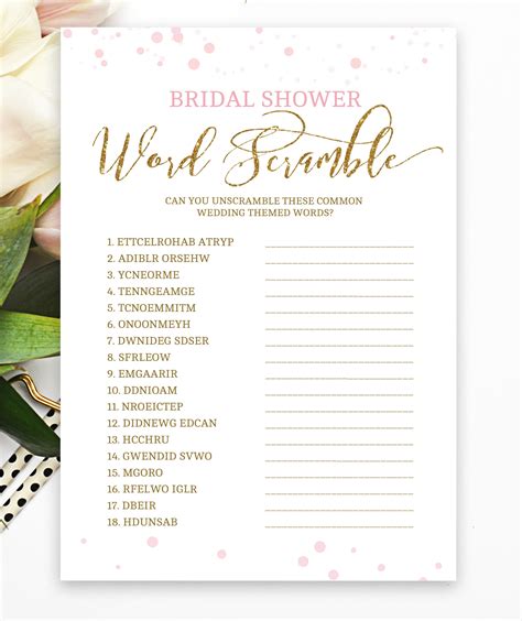 Bridal Word Scramble Pink And Gold Bridal Shower Bridal Shower Games Bachelorette Party Game