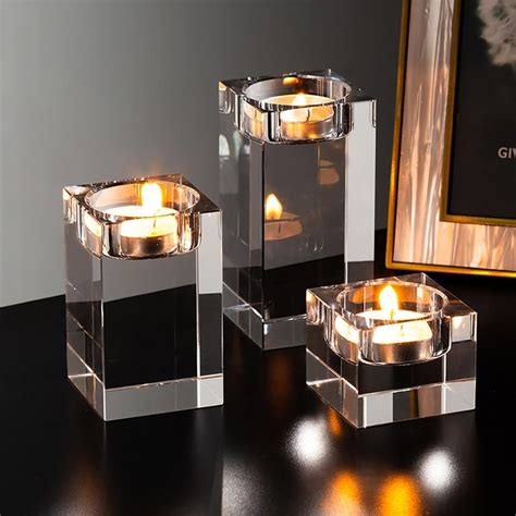 Crystal Candle Holders Solid Crystal Clear Square Glass Tealight Candlestick For Wedding