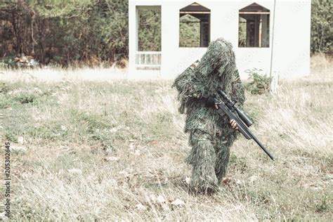 Sniper In Urban Combat Training Full Ghillie Camo Suit And A High