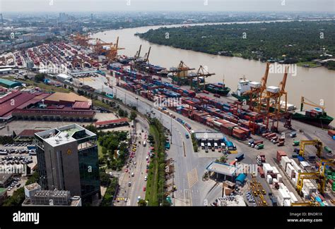 Aerial Of Port Of Bangkok Along Chao Phraya River Bangkok Thailand