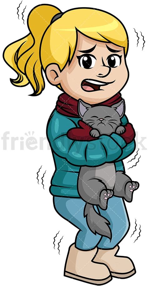 Shivering Woman Keeping Cat Warm Cartoon Clipart Vector Friendlystock