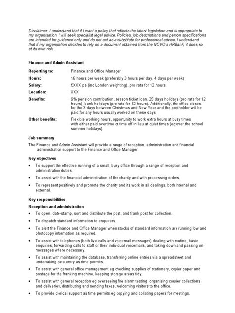 Finance Admin Assistant 2010 Job Description Cheque Business