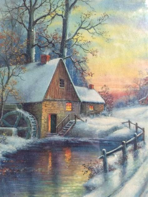 Vintage Framed Winter Cottage And Snow Scene 1950s Print Etsy