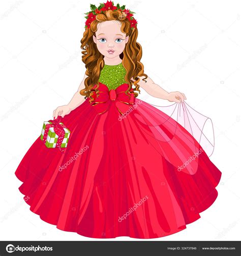 Cartoon Illustration Cute Little Girl Red Dress Christmas Present White