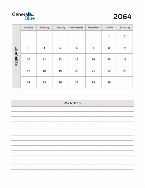 February 2064 Monthly Calendar Pdf Word Excel