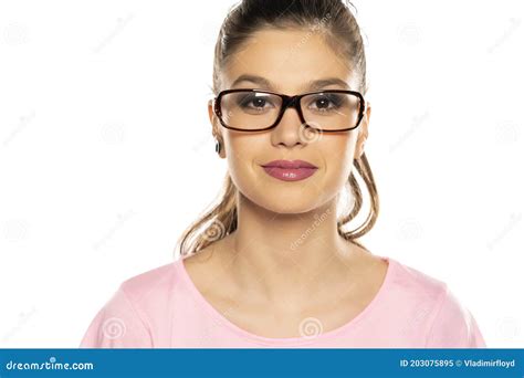 Portrait Of Young Beautiful Smiling Woman With Glasses Stock Image Image Of Makeup Smile
