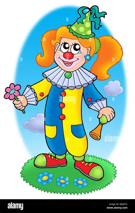 Cartoon Clown Girl On Meadow Color Illustration Stock Photo Alamy