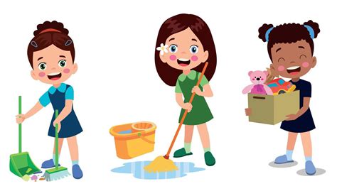 Vector Cartoon Kids Cleaning At Home Set Children In Various Cleaning
