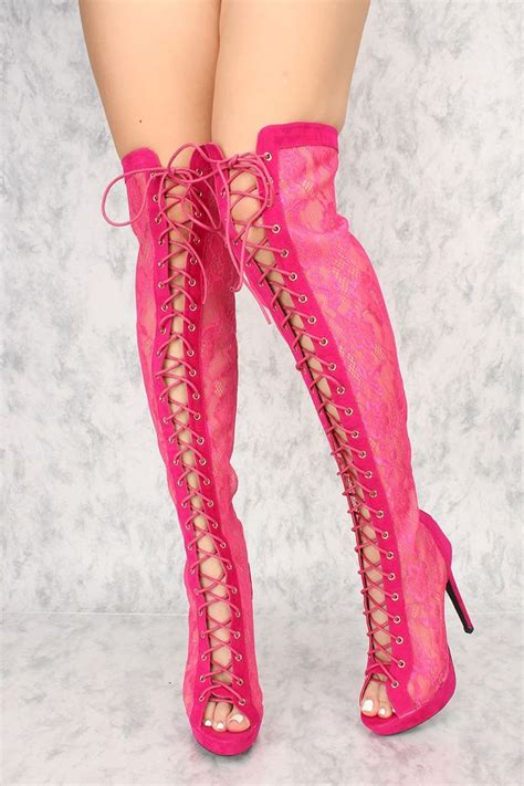 hot pink embroider lace front lace up platform pump knee high ami clubwear heel boots in 2020