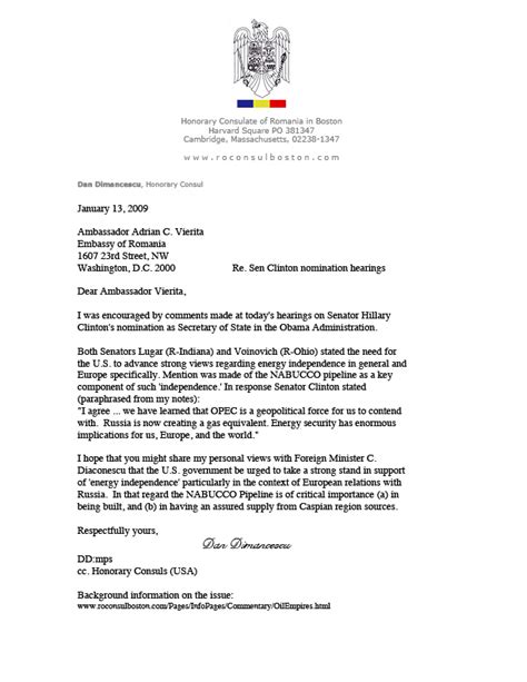 Letter To Romanian Ambassador Vierita Washington Dc Re Nabucco