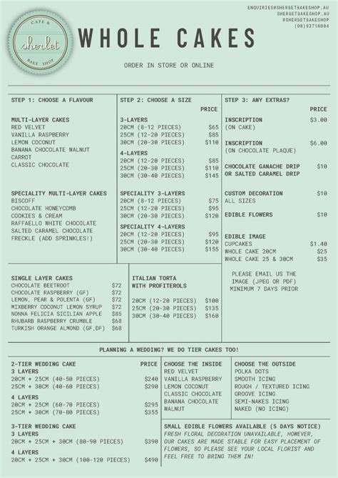 Cafe Menu Sherbet Cafe Bake Shop