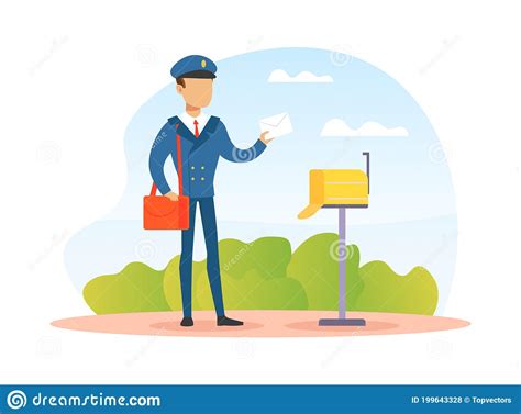 Postman Putting Letter In Mailbox Mailman In Blue Uniform Delivering