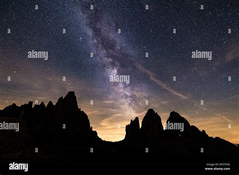 Milky Way Over Tre Cime Di Lavaredo Italy Stock Photo Alamy