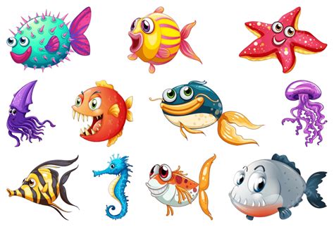 Set Of Sea Creature Illustration Cartoon Creature Ocean Png And