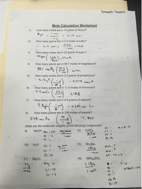 When converting grams to moles you would use the atomic mass units (the mass of each element). Mole Calculation Worksheet - Fernando Saucedo's Blog