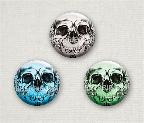 Skulls Pinback Buttons Original Design Art 1 25 Inch Set Of Etsy Skull Magnets Buttons