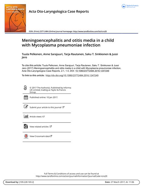 Pdf Meningoencephalitis And Otitis Media In A Child With Mycoplasma