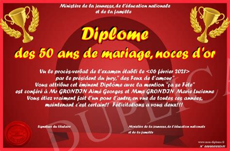 Diplome Des 50 Ans De Mariage Noces D Or