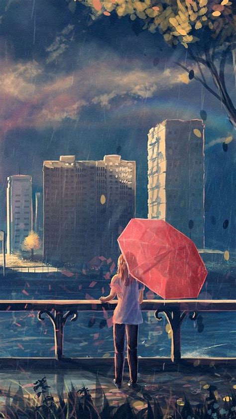 2160x3840 Anime Girl Cityscape Umbrella Trees Sony Xperia Xxzz5