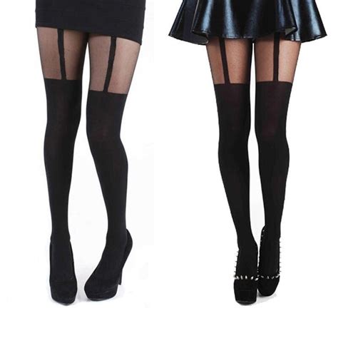 sexy black women temptation sheer mock suspender tights pantyhose stockings cool mock over the