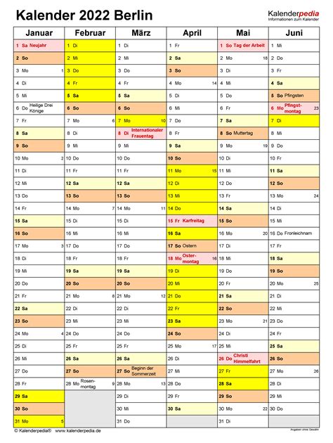 Kalender 2022 Berlin: Ferien, Feiertage, Excel-Vorlagen