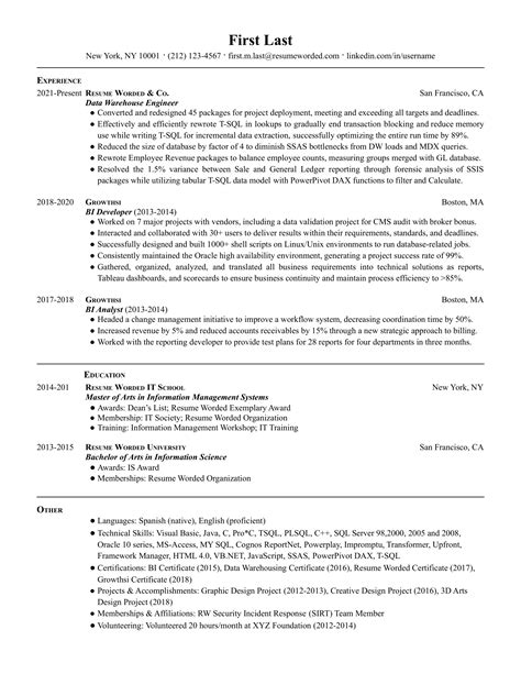 Data Warehouse Engineer Resume Examples For 2024 Resume Worded