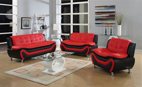 3 Pc Modern Black And Red Bonded Leather Sofa Set Ebay