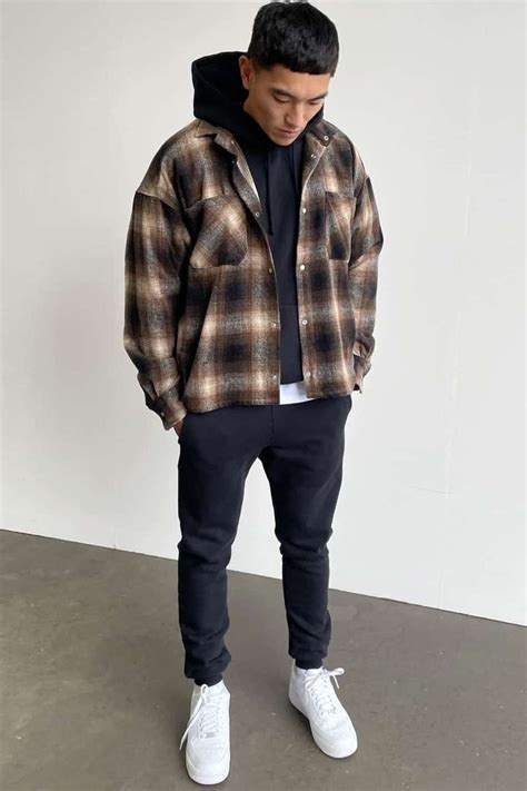 Hoodie With Flannel Outfit Men Flannel Over Hoodie Black Joggers