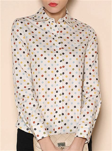 Womens Polka Dot Shirt Multi Colored Wide Pointed Lapel Collar