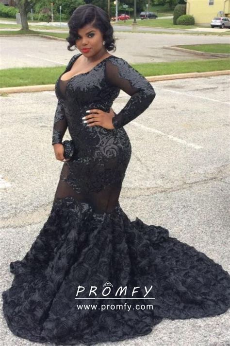 Sparkly Black Sequin And 3d Rose Long Sleeve Plus Size Long Prom Dress