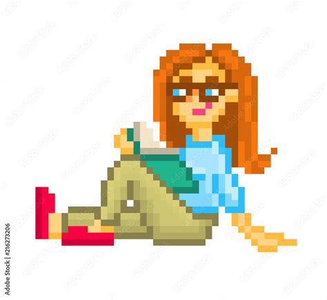 Girl Sitting On The Floor In Comfortable Pose Studying Pixel Art