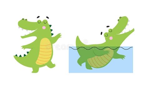 Cute Friendly Green Crocodiles Set Lovely Baby Alligators In Different