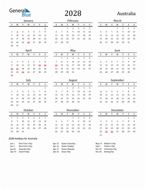 2028 Australia Calendar With Holidays