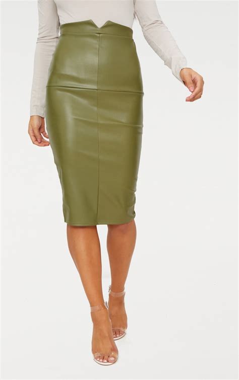Khaki Faux Leather Panel Midi Skirt Skirts Prettylittlething