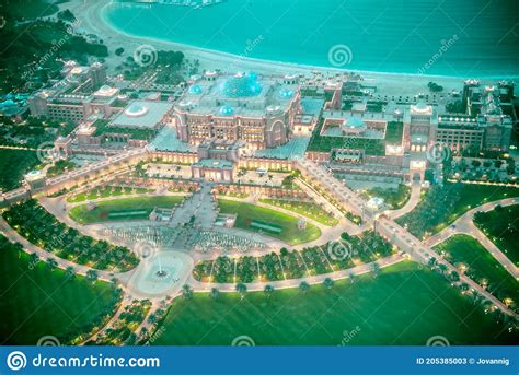 Aerial View Of Emirates Palace In Abu Dhabi At Night Editorial Stock