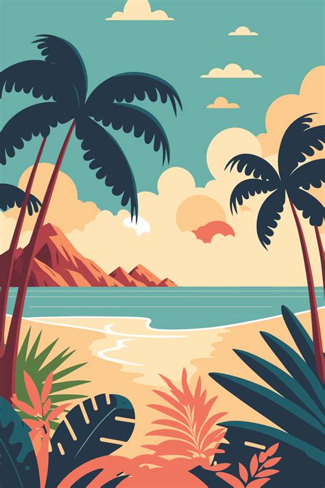 Tropical Summer Beach Ocean Sunset And Sunrise View Cartoon Vector Illustration Vector