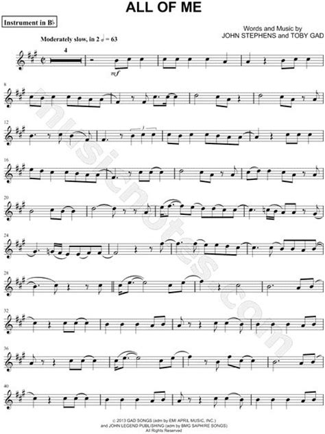 Download the trumpet sheet music of all of me (intermediate/advanced level) by holiday billie. John Legend "All of Me - Bb Instrument" Sheet Music (Trumpet, Clarinet, Soprano Saxophone or ...