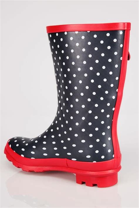 Navy And White Polka Dot Wellington Boots With Red Trims In Eee Fit