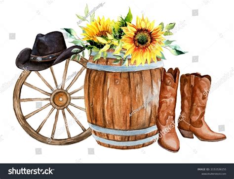Wheel Barrel Sunflowers Cowboy Boots Watercolor Stock Illustration