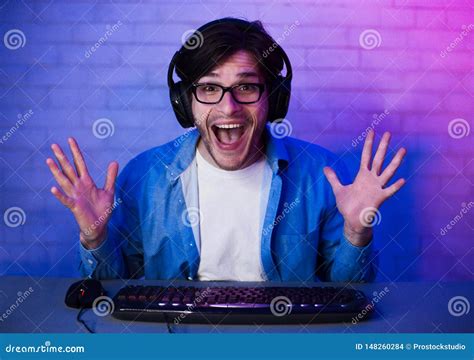 Happy Delighted Gamer Winning Online Computer Game Stock Photo Image