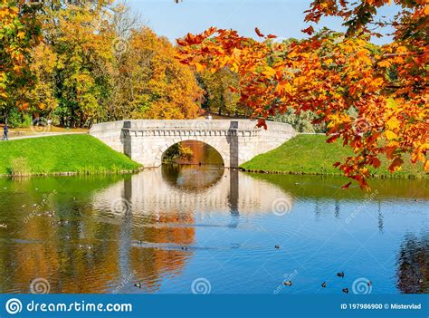 Bridge In Gatchinsky Park In Autumn Foliage Gatchina Russia Stock